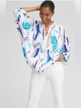 Chicos Abstract Mirrored Batwing Blouse Top Artsy Resortwear Teachercore Sz 1 M